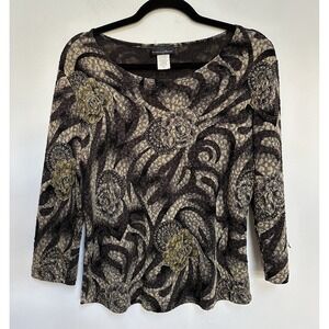 Vtg 90's Y2K Top M Floral Art Black Gold Whimsigoth Textured Dark Fairy Glam USA